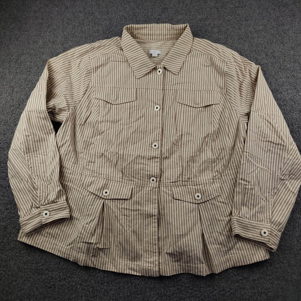 J. Jill Jacket Sz XL Striped Button Front Utility Tan White EUC